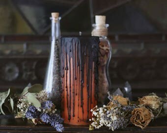Halloween candle, orange and black pillar candle, autumn and fall decor, samhain ritual candles, undressed spell candle, samhain altar gift