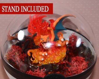 Charizard Diorama Pokeball, Fire Type Pokemon, Pokemon Terrarium with stand, 4 inch. Great gift idea.