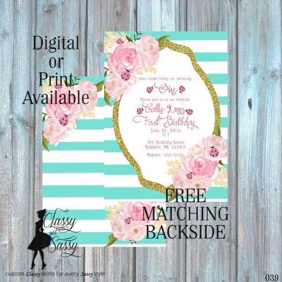 Ladybug Birthday Party Invitation, Ladybug Party, Aqua Glitter Party Invitation, DIY Print Party Invitation, Tween Birthday invite 039