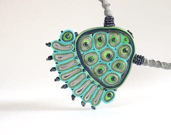 Statement necklace green, bib necklace turquoise, fabric necklace, textile necklace, gift for woman - Handmade textile jewelry ready to ship