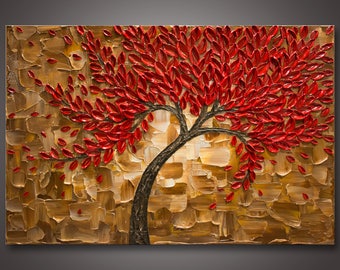 Large 24"x36"x 1.5" - Original Red Tree Impasto Abstract Textured Painting - Palette Knife - Gallery Canvas - Wired Ready to Hang * FREE S&H