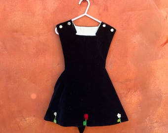Vintage 1940s 1950s Navy Blue Velvet Swing Party Girl's Pinafore Dress. 3T 4T