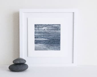 Contemporary Etching Print Blue + Silver. Beach Art: " Current 3" . 10" x10" . unframed