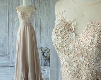 Champagne Bridesmaid Dress, Tulle Illusion Wedding Dress, Sweetheart Lace Prom Dress, Long Chiffon Dress Floor Length (X015)