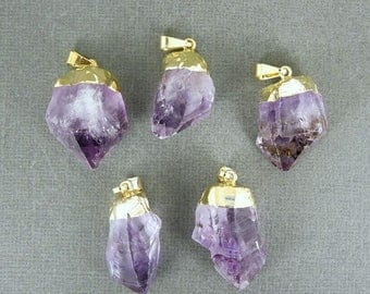 15% off Christmas in July Amethyst Point Pendant - Raw Amethyst with gold electroplated cap BeautfuL WHOLESALE (S122B3)