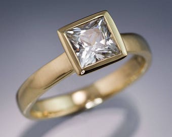 1ct Princess Cut White Sapphire Engagement Ring, Bezel Solitaire in Palladium, Yellow Gold, Rose Gold or White Gold, Diamond Alternative