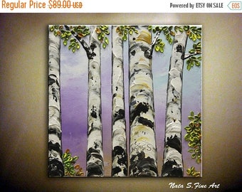Summer SALE Birch Tree Painting, Original Abstract Colorful Painting, Palette Knife, Impasto, Birch Art, Contemporary Wall Decor 12" x 12"