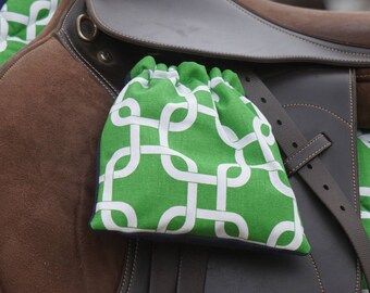 Ready to Ship Stirrup Covers - Kelly Green and Navy Squares/Knots Reversible - Cozies // Bags