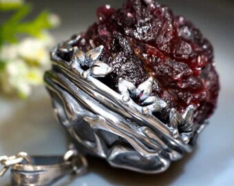Rhodolite Necklace Pink Garnet Rough Crystal Pendant Sterling Silver Jewelry