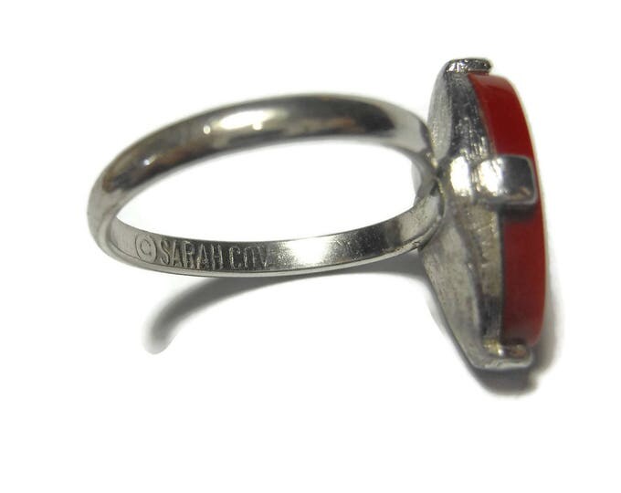 FREE SHIPPING Sarah Coventry ring, red oval adjustable cocktail ring, silver tone shank, 1970s art deco revival