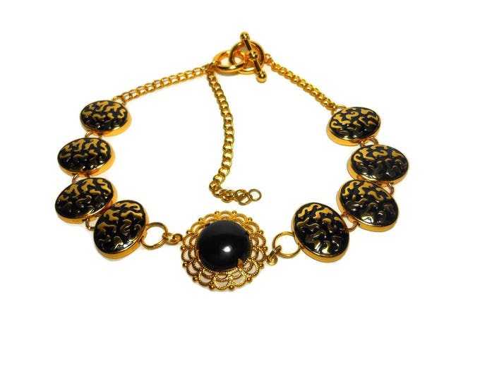 FREE SHIPPING Black onyx choker necklace, handmade necklace, gold plated choker, oval links, black enamel, black onyx cabochon center