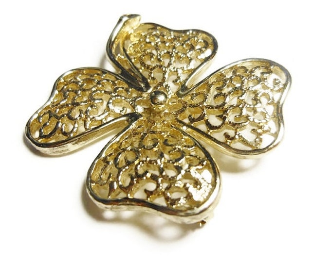FREE SHIPPING Sarah Coventry brooch, 'Filigree Clover' from the 1970s, gold filigree shamrock brooch, four leaf clover, good luck pin