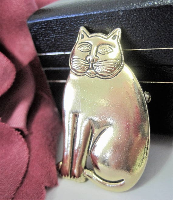 Laurel Burch Cat Brooch - Signed Designer - Gold Tone Cat