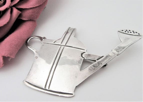 Sterling Signed Garden Brooch - Signed Pat Areias - Sprinkling Can - Garden Pin