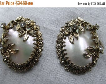 LAST CHANCE Romantic Mother of Pearl Silver Tone Filigree Rhinestone Earrings, Retro Victorian Style,Vintage MOP Studs, Gift For Her, Vintag
