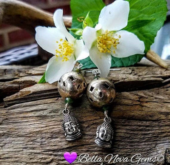 Silver Buddah Indian Agate Gemstone Antique Open Bead Dangle Earrings Under 20 Dollars E-0431
