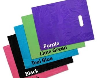 On Sale 100Pack 12x15" Pink|Teal|Blue|SheerLime|Purple|Black Combo Plastic MERCHANDISE BAGS w/Die Cut Handles, Retail Gift Bags, Wholesale L