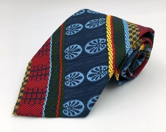 Vintage 1970s Wide Blue Polyester Tie with Green Yellow and Red Stripes by Prince Consort