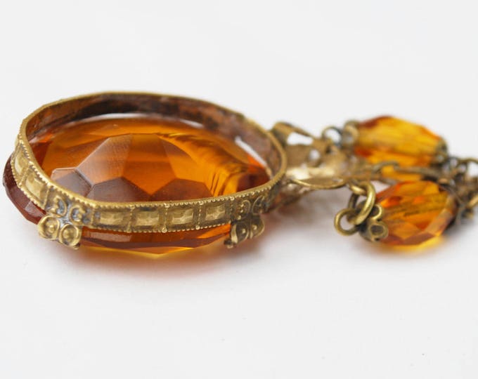 Art Deco necklace - Amber Glass Pendant - gold brass - yellow orange facet cut crystal bead