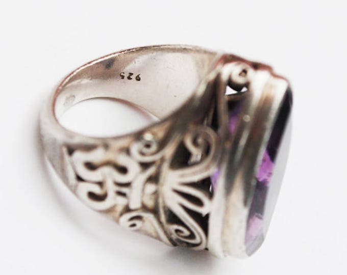 Amethyst Sterling Ring - size 5 - Silver filigree - Purple gemstone - Large chunky boho ring