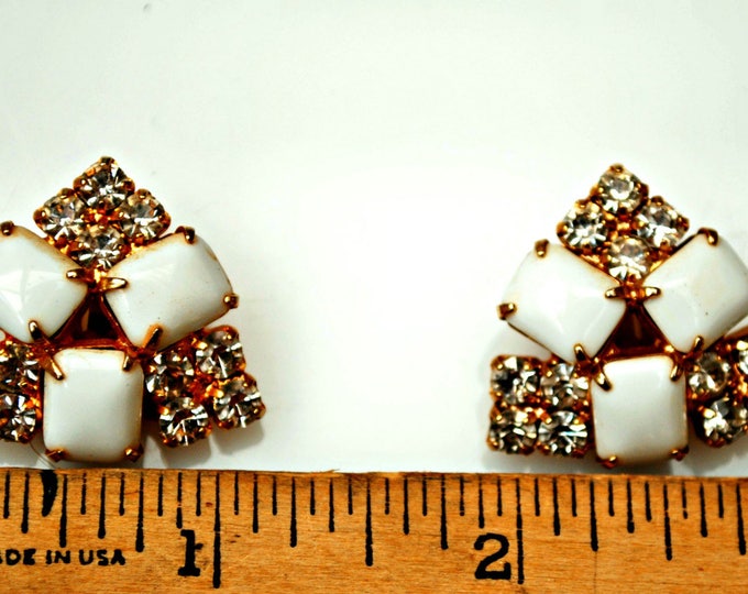 Rhinestone Clip on Earrings - White Milk glass - gold plated metal - Mid century Earring