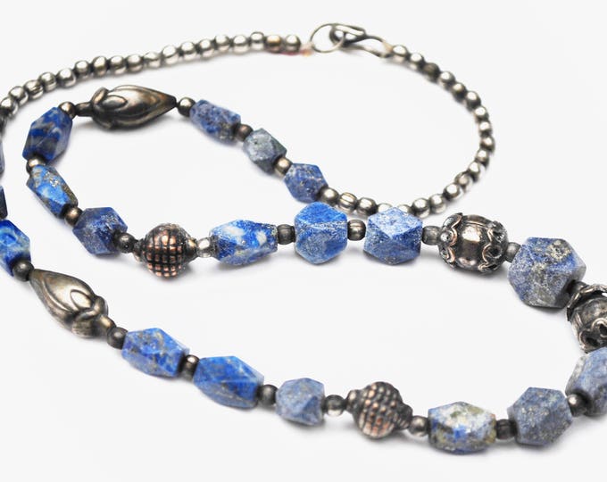 Sodalite Silver bead necklace - blue white gemstone - silver brass copper beads - Boho India style 19 inches