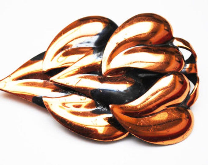 Large Copper Leaf Brooch - Swirl leaves - Modernistic mid century Mod pin