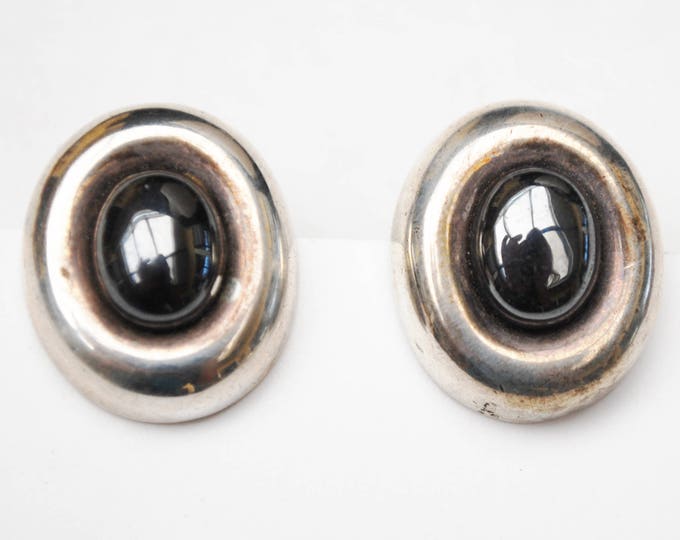 Sterling Hemitie Earrings - marked Barra - Boho - Silver grey gemstone - pierced Stud earrings - modern