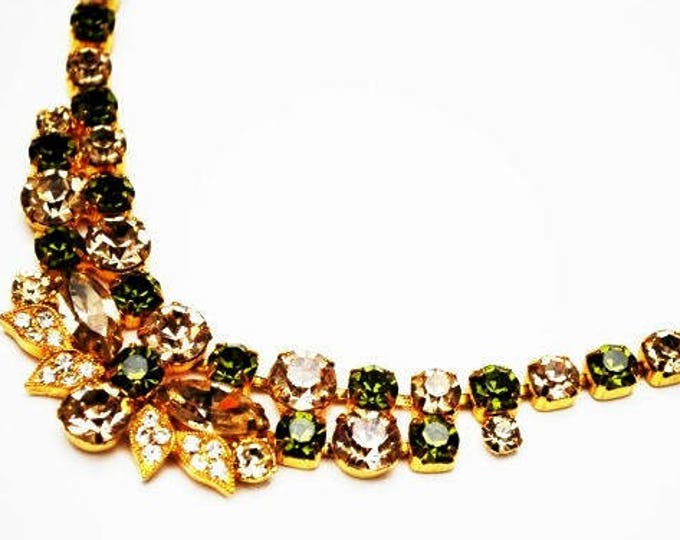 Eisenberg Ice Rhinestone Necklace - Green Clear stones - gold plated setting - vintage designer signed