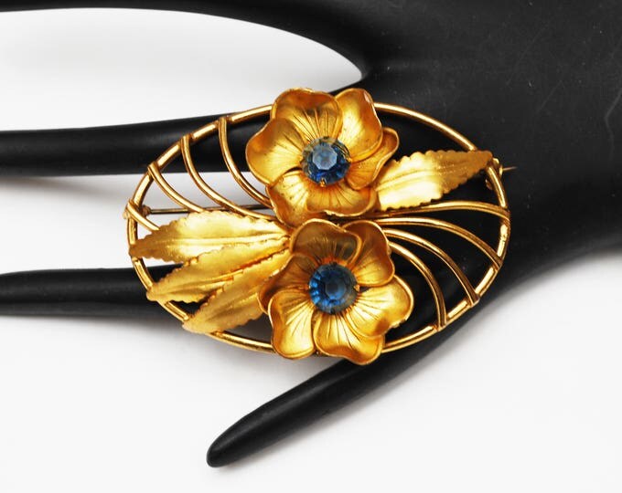 Blue Rhinestone Flower Brooch - Oval - Gold repousse Leaf - Floral flower pin