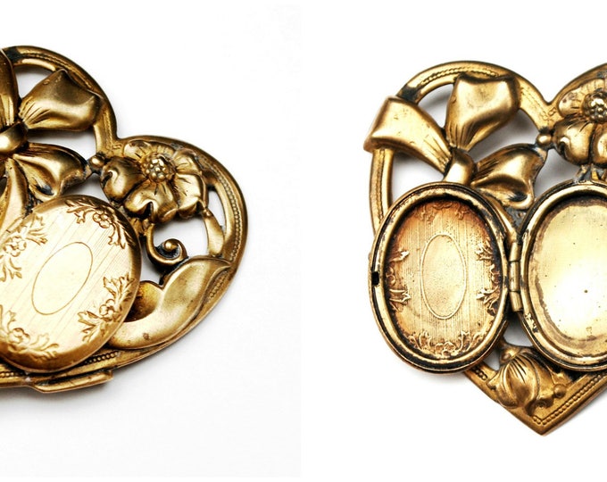 Heart Locket Brooch - Repousse Gold Brass metal - Art Nouveau - Floral Bow - pin