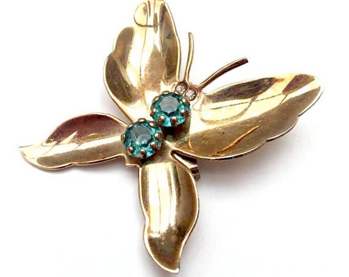 Butterfly Brooch - Blue Rhinestone - Gold plated metal - Insect figurine pin