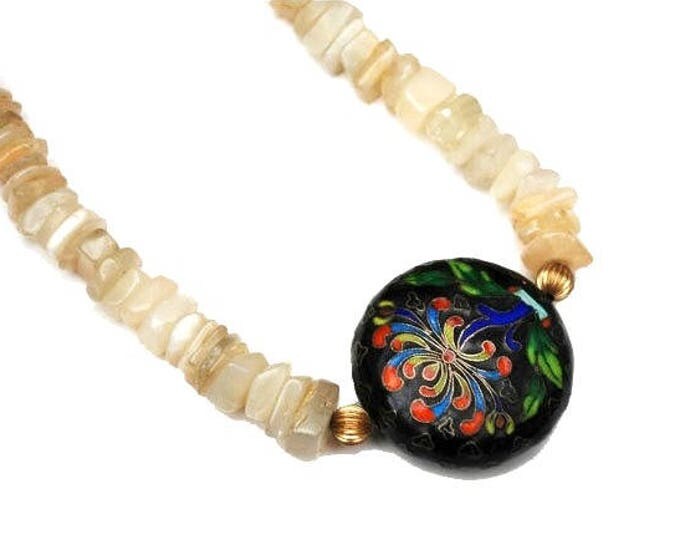 Boho Necklace - Cloisonne black blue red Enamel - polish Chalcedony Agate nugget bead - white gemstone - gold plated clasp