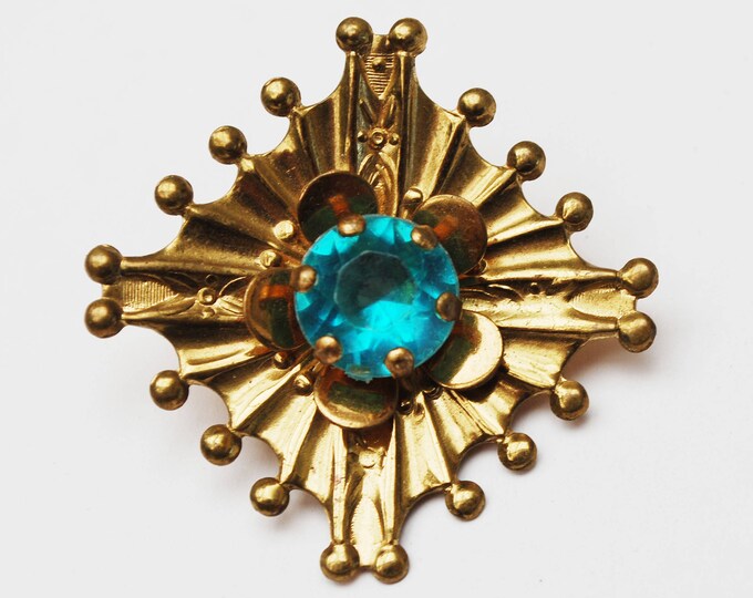 Atomic Brooch pendant - gold plated -Aqua blue Rhinestone - Mid Century pin