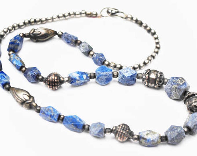 Sodalite Silver bead necklace - blue white gemstone - silver brass copper beads - Boho India style 19 inches