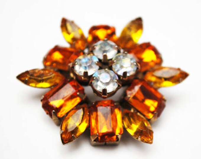 Rhinestone Flower Brooch - orange and yellow Lucite - Floral pin