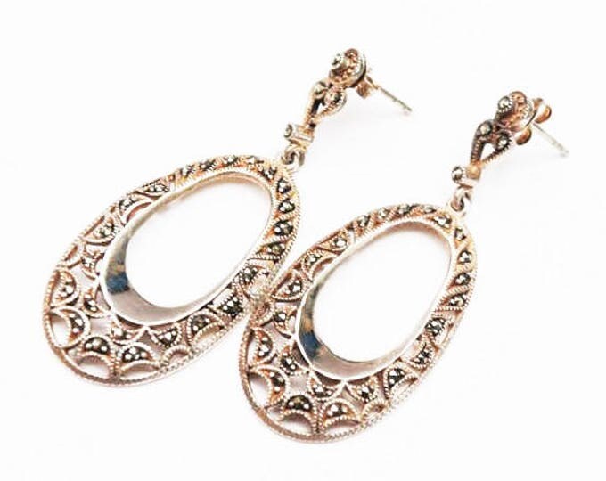 Sterling Marcasite dangle earrings - Silver filigree oval - pierced drop earrings - Victorian revival - gift for her
