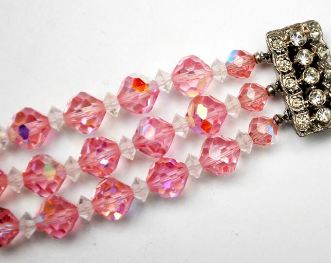 Pink Crystal Bead Bracelet - Multi strand - Clear Rhinestone Clasp - Vintage facet cut glass Beads