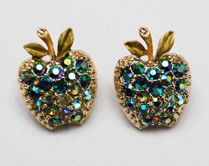 Apple scatter pins - Two Rhinestone Fruit brooches - Aurora Borealis - Gold small pin