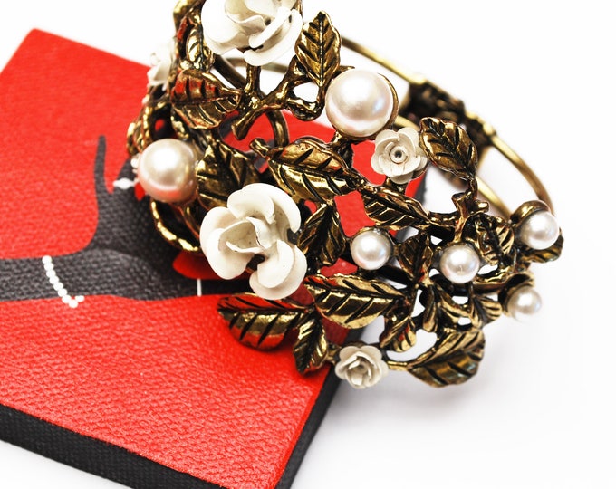 Flower clamper Bracelet - Gold repouse - white pearls,enamel flowers - wide Hinged bangle