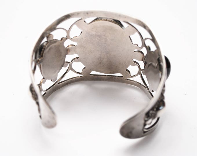 Large Sterling Onyx Cuff Bangle - Signed Farfan - Mexico - Silver openwork - Black gemstone - Tribal Bracelet