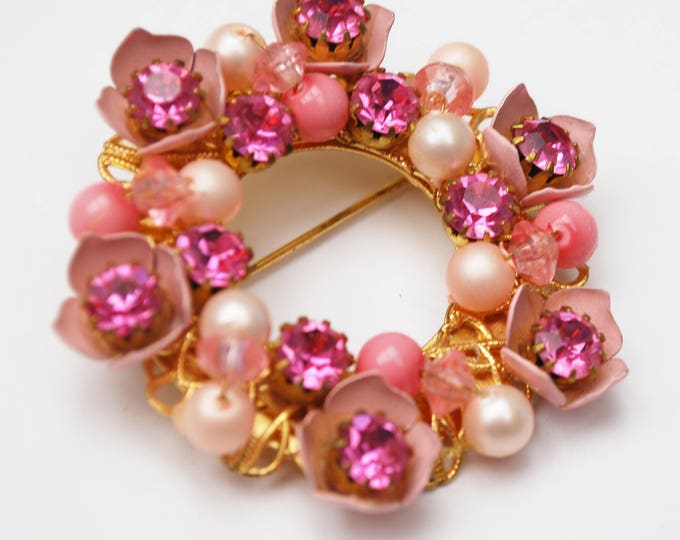 Pink Rhinestone Wreath Brooch - white pearl -enamel - Floral -gold wire wrap pin