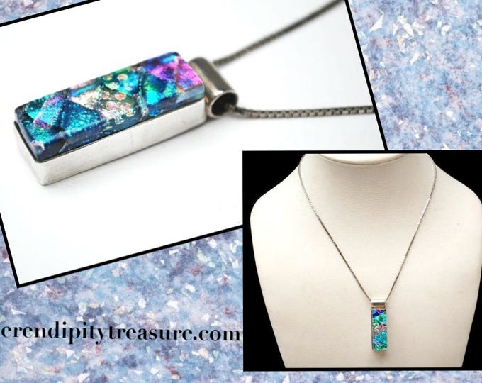 Dichroic Fused Glass Necklace - Sterling silver - Mexico Pendant- Italy chain Blue green Aqua Purple art glass necklace