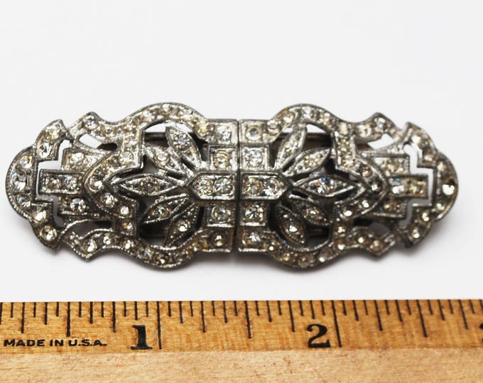 Art Deco Duette - Brooch Dress Clip - Rhinestone - Silver Pot metal - 2 in one