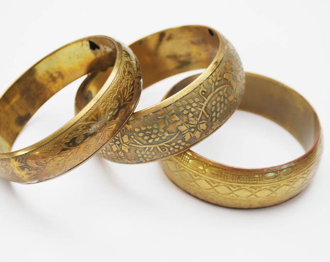 Lot of three Brass Bangles - chunky Boho Bangle - Flower Etched - gold brass bracelets