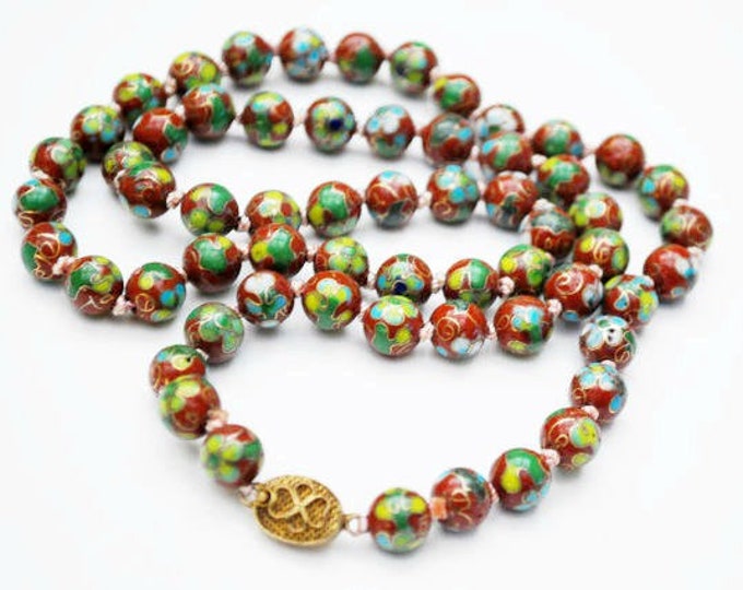 Cloisonne flower Bead Necklace - Rust Red Brown beads green blue gold - Enameling - Hand knotted beads -Asian Chinese