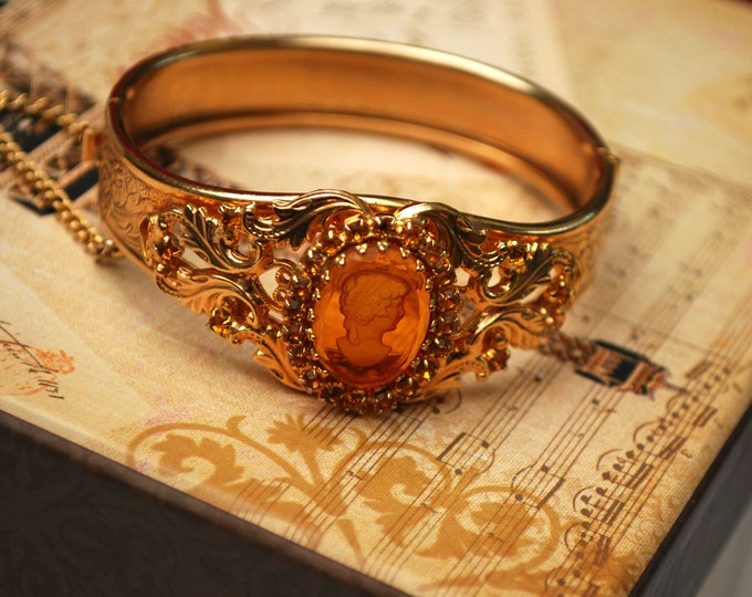 Intagio Cameo - Amber yellow orange glass - Reposse Gold Bangle - Victorian Revival - vintage gold plated Hinged bracelet - safety chain