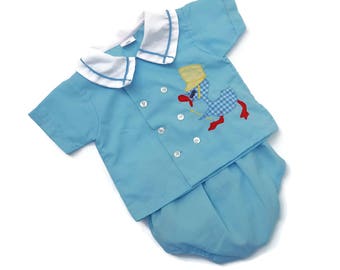 Vintage Baby Boy Diaper Shirt Pants Outfit BlueDuck 60s Mid Century 0- 6 Month Infant