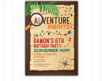 Scavenger Hunt Geocaching Birthday Invitation Printable Download Print at Home with FREE THANK YOU Card