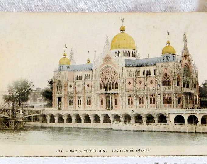 Antique Colored Black and White Postcard of Paris of the Pavillon de Italie from the Parisian Exposition of 1900, French Belle Epoque